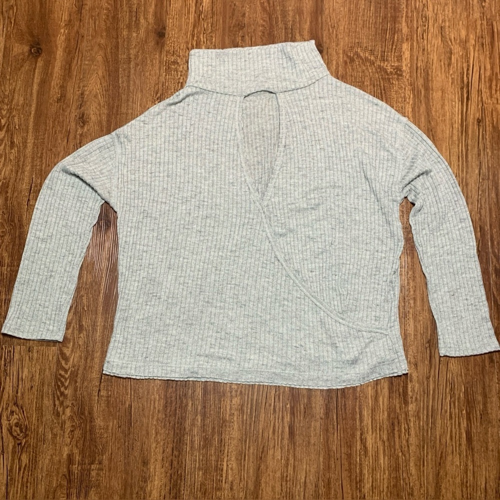 ASTR The Label Grey Cutout Mock Neck Ribbed Knit Sweater Cozy Feminine Size L - Picture 1 of 13